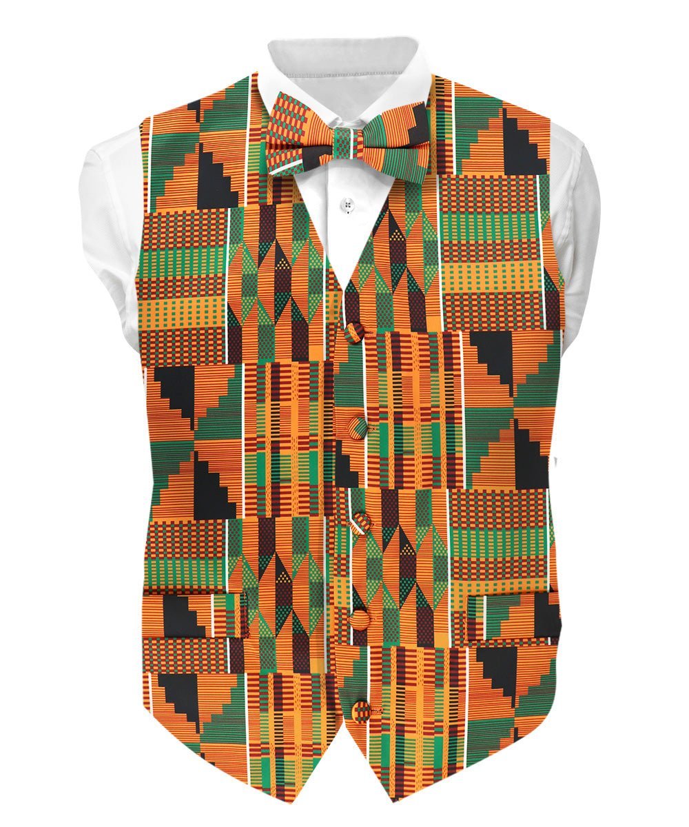 Kente Design Vest & Bow Tie Set by Vittorio Farina (vest_kente_BB_Kente 3_S) for Independent Retail Stores by Dubal Brothers