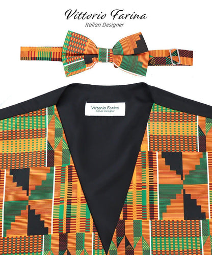 Kente Design Vest & Bow Tie Set by Vittorio Farina (vest_kente_BB_Kente 3_S) for Independent Retail Stores by Dubal Brothers