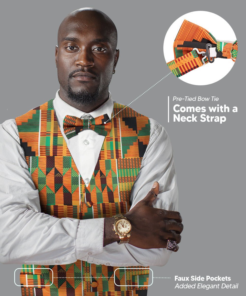 Kente Design Vest & Bow Tie Set by Vittorio Farina (vest_kente_BB_Kente 3_S) for Independent Retail Stores by Dubal Brothers