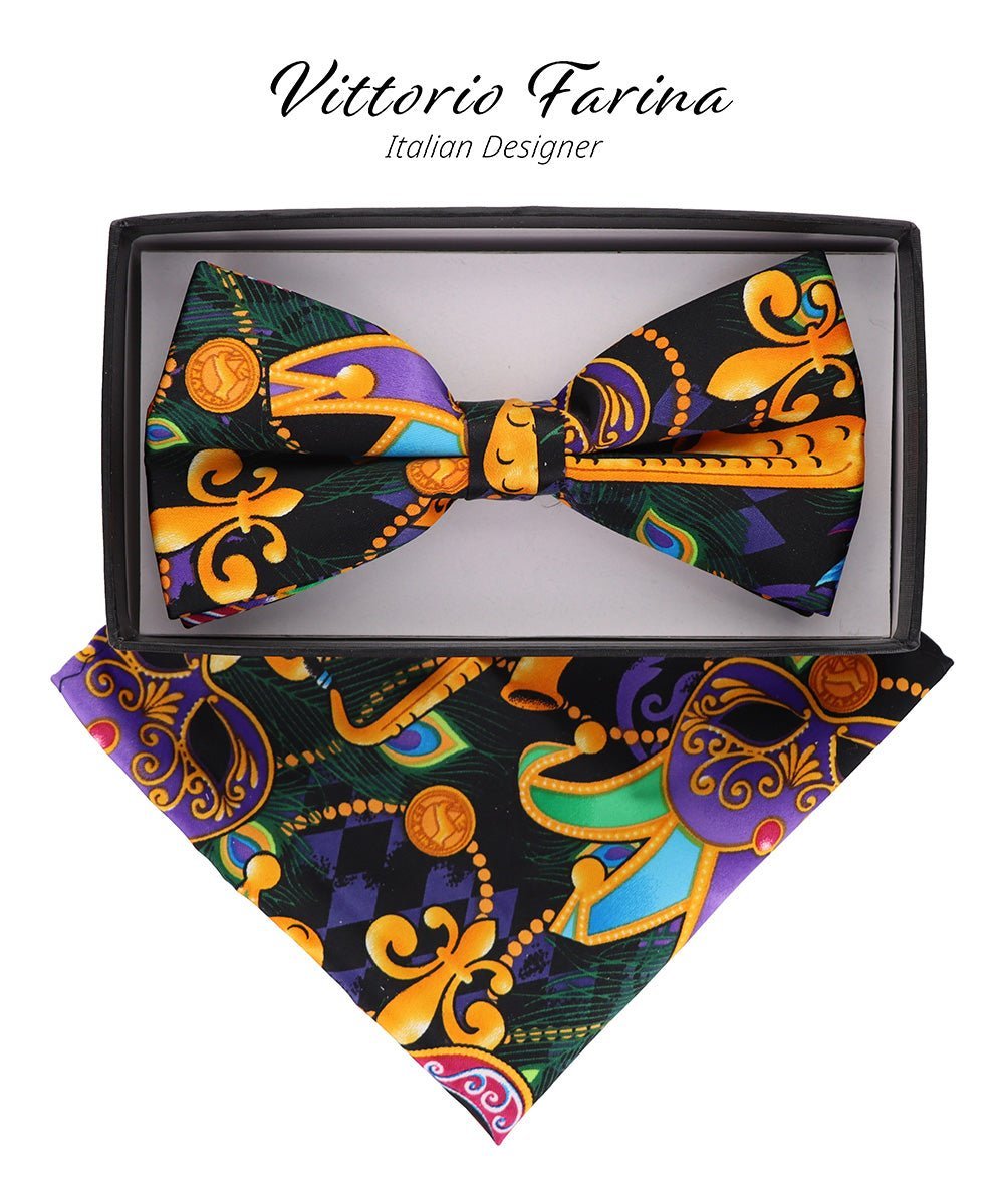 Mardi Gras Design Bow Tie and Pocket Square in a Box by Vittorio Farina (BH - MG_Mardi 1) for Independent Retail Stores by Dubal Brothers