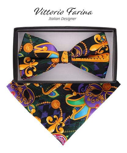 Mardi Gras Design Bow Tie and Pocket Square in a Box by Vittorio Farina (BH - MG_Mardi 1) for Independent Retail Stores by Dubal Brothers