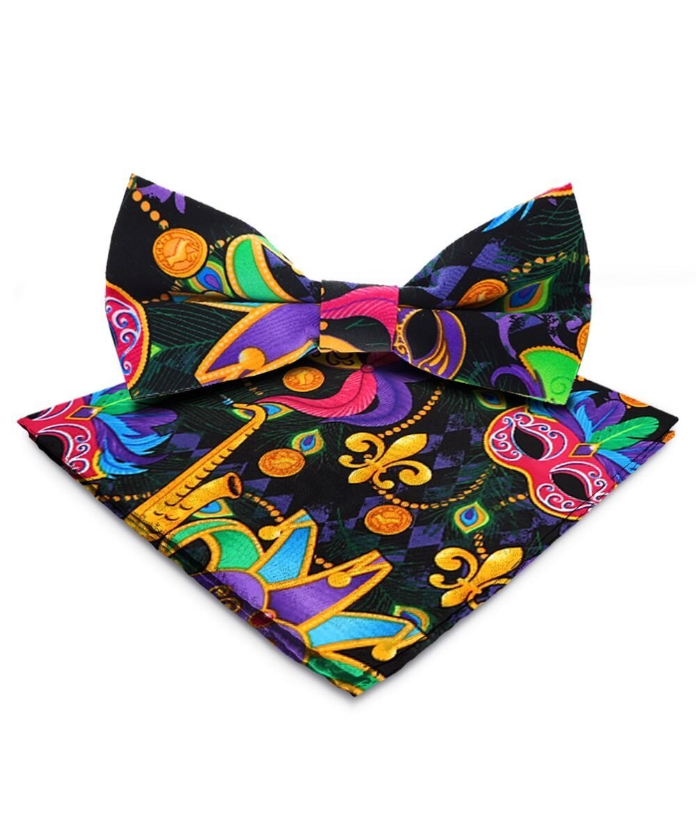 Mardi Gras Design Bow Tie and Pocket Square in a Box by Vittorio Farina (BH - MG_Mardi 1) for Independent Retail Stores by Dubal Brothers