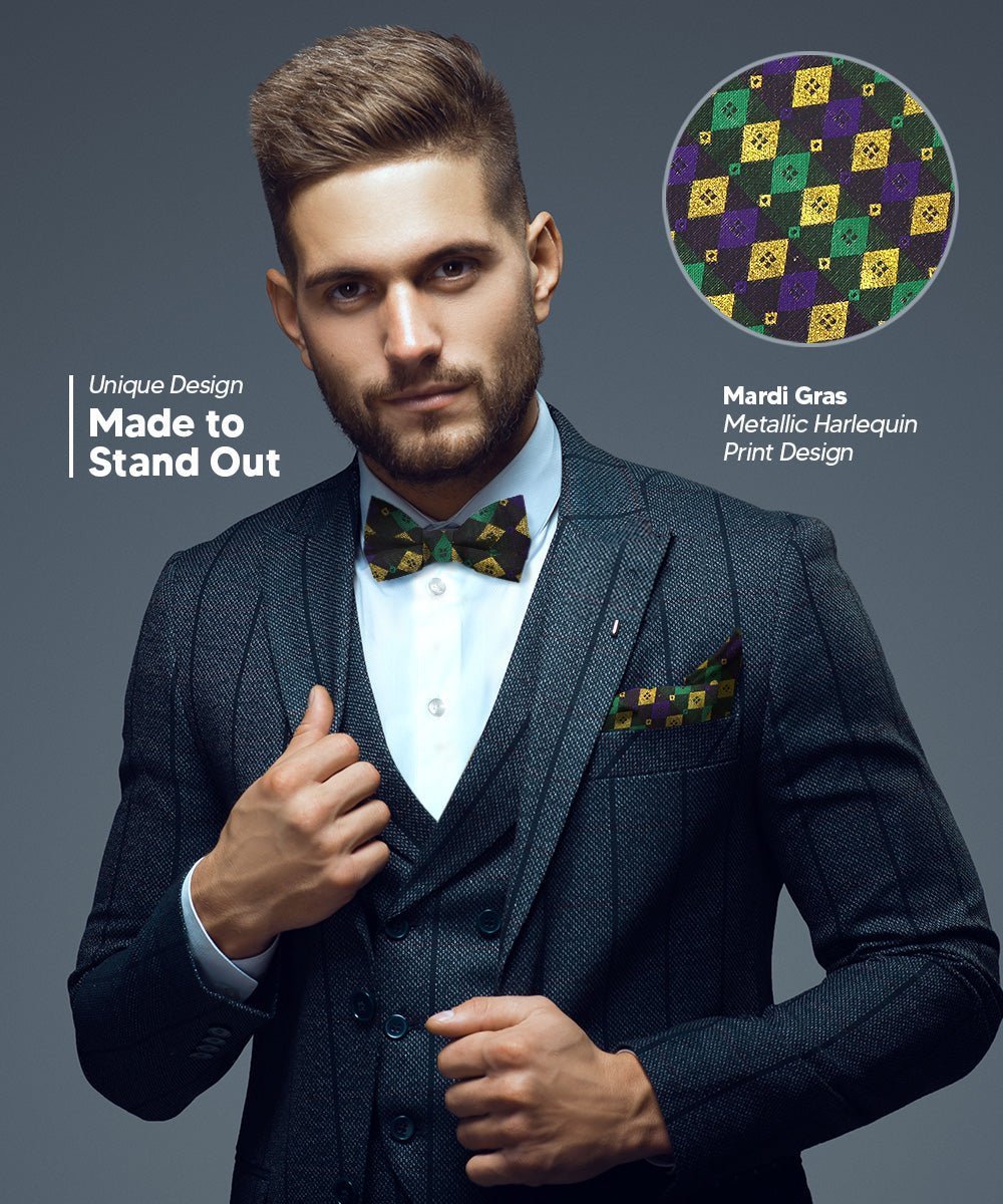 Mardi Gras Design Bow Tie and Pocket Square in a Box by Vittorio Farina (BH - MG_Mardi 2) for Independent Retail Stores by Dubal Brothers