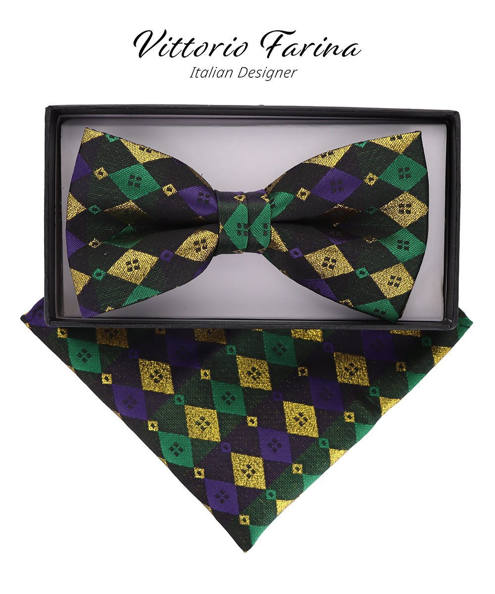 Mardi Gras Design Bow Tie and Pocket Square in a Box by Vittorio Farina (BH - MG_Mardi 2) for Independent Retail Stores by Dubal Brothers