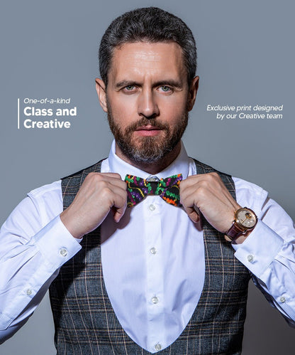 Mardi Gras Design Bow Tie and Pocket Square in a Box by Vittorio Farina (BH - MG_Mardi 4) for Independent Retail Stores by Dubal Brothers