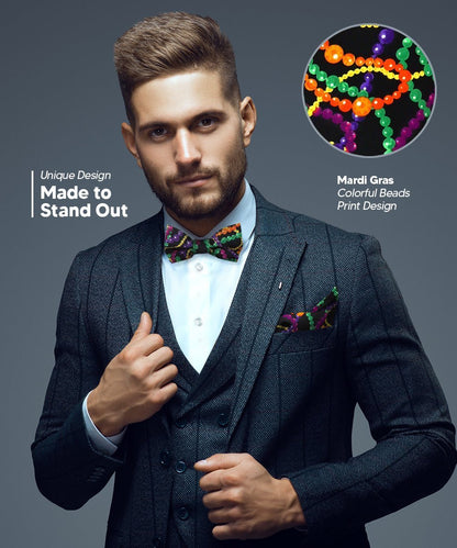 Mardi Gras Design Bow Tie and Pocket Square in a Box by Vittorio Farina (BH - MG_Mardi 4) for Independent Retail Stores by Dubal Brothers
