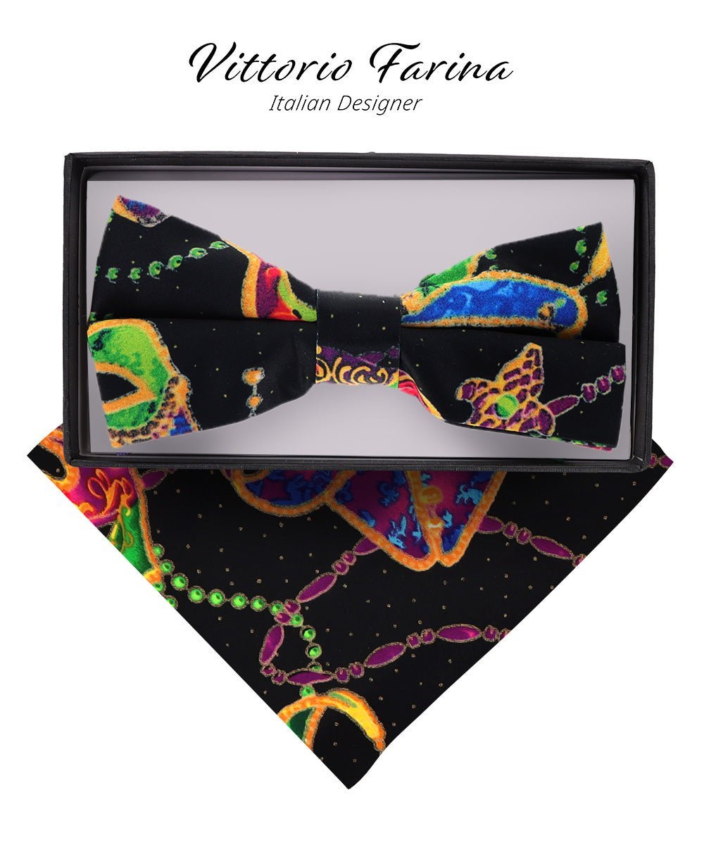 Mardi Gras Design Bow Tie and Pocket Square in a Box by Vittorio Farina (BH - MG_Mardi 5) for Independent Retail Stores by Dubal Brothers
