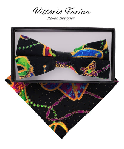 Mardi Gras Design Bow Tie and Pocket Square in a Box by Vittorio Farina (BH - MG_Mardi 5) for Independent Retail Stores by Dubal Brothers