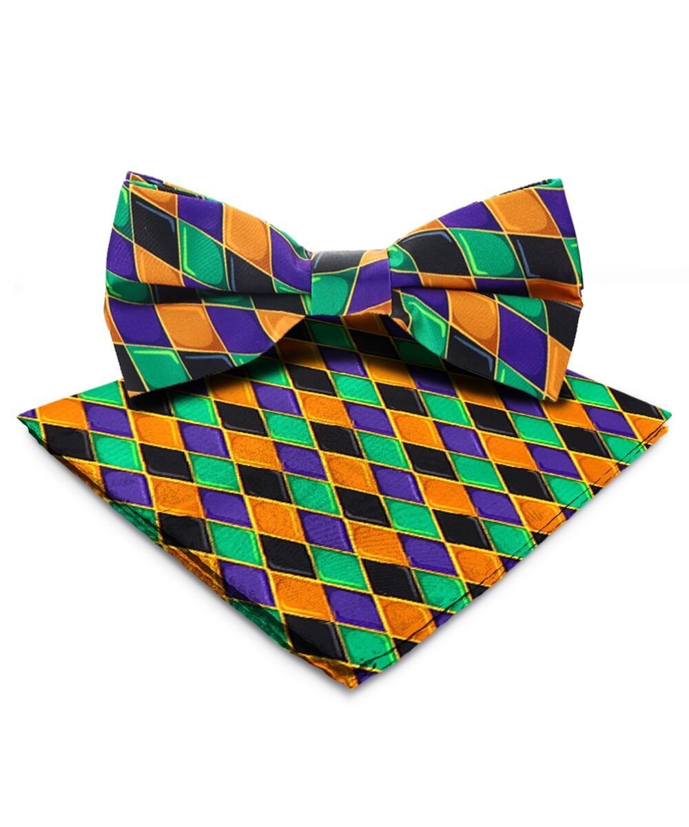 Mardi Gras Design Bow Tie and Pocket Square in a Box by Vittorio Farina (BH - MG_Mardi 6) for Independent Retail Stores by Dubal Brothers