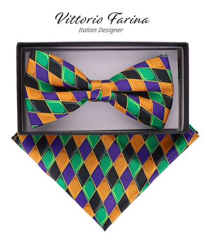 Mardi Gras Design Bow Tie and Pocket Square in a Box by Vittorio Farina (BH - MG_Mardi 6) for Independent Retail Stores by Dubal Brothers