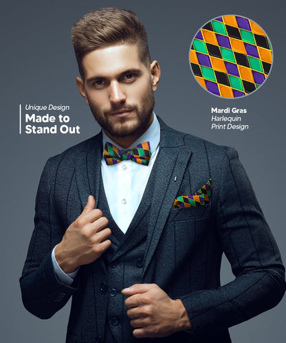 Mardi Gras Design Bow Tie and Pocket Square in a Box by Vittorio Farina (BH - MG_Mardi 6) for Independent Retail Stores by Dubal Brothers