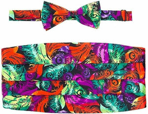 Mardi Gras Design Cummerbund and Bow Tie Set in a Box by Vittorio Farina - Mardi 3: Vibrant Feather - Wholesale Cummerbund & Bowtie Set by Dubal Brothers