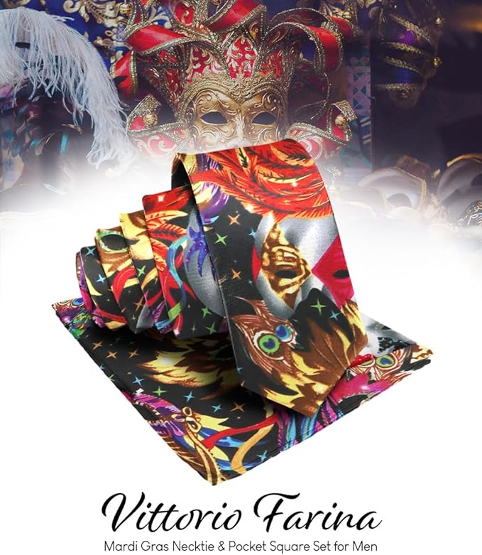 Mardi Gras Design Necktie & Pocket Square by Vittorio Farina (NH - MG_MARDI 0) for Independent Retail Stores by Dubal Brothers