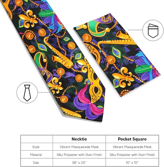 Mardi Gras Design Necktie & Pocket Square by Vittorio Farina (NH - MG_MARDI 1) for Independent Retail Stores by Dubal Brothers