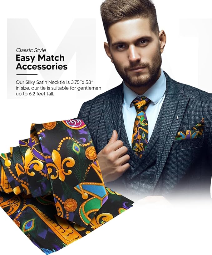 Mardi Gras Design Necktie & Pocket Square by Vittorio Farina (NH - MG_MARDI 1) for Independent Retail Stores by Dubal Brothers