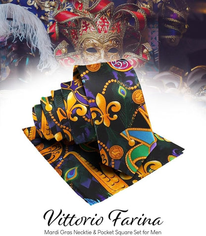 Mardi Gras Design Necktie & Pocket Square by Vittorio Farina (NH - MG_MARDI 1) for Independent Retail Stores by Dubal Brothers