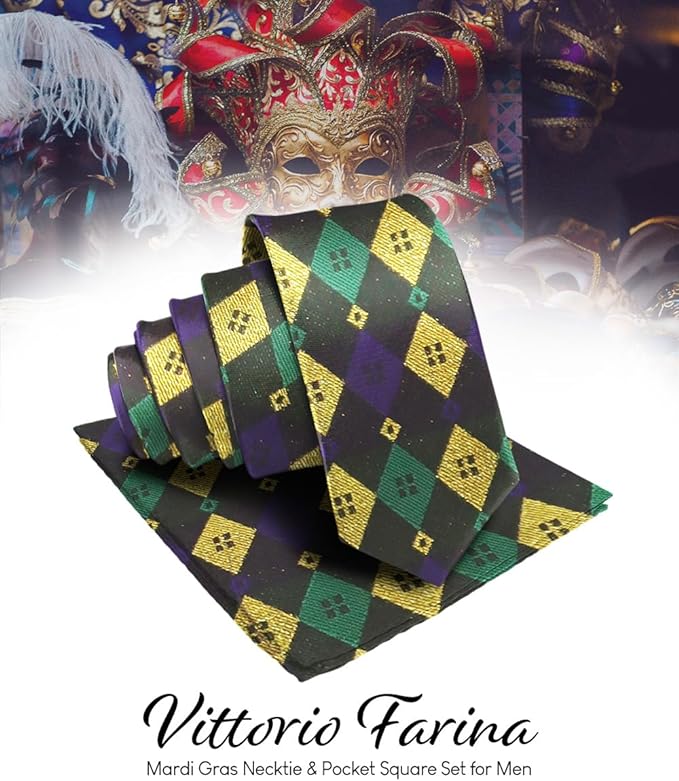 Mardi Gras Design Necktie & Pocket Square by Vittorio Farina (NH - MG_MARDI 2) for Independent Retail Stores by Dubal Brothers