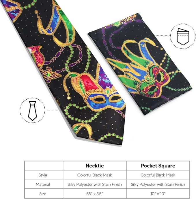 Mardi Gras Design Necktie & Pocket Square by Vittorio Farina (NH - MG_MARDI 5) for Independent Retail Stores by Dubal Brothers