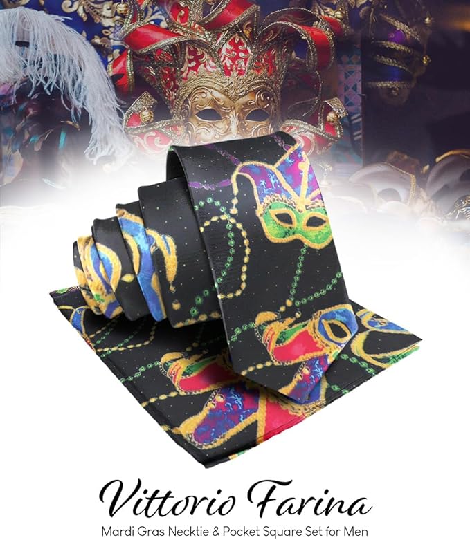 Mardi Gras Design Necktie & Pocket Square by Vittorio Farina (NH - MG_MARDI 5) for Independent Retail Stores by Dubal Brothers