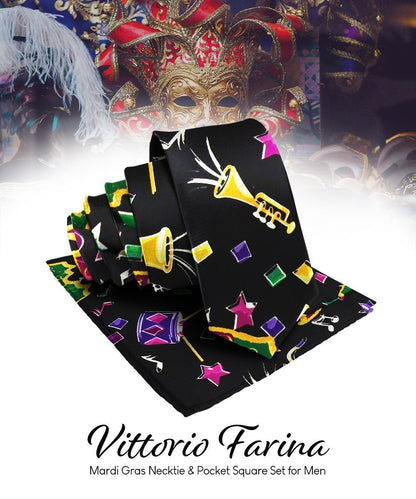 Mardi Gras Design Necktie & Pocket Square by Vittorio Farina (NH - MG_MARDI 8) for Independent Retail Stores by Dubal Brothers
