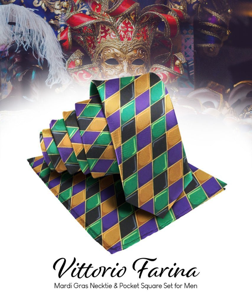 Mardi Gras Design Necktie & Pocket Square by Vittorio Farina (NH - MG_MARDI 8) for Independent Retail Stores by Dubal Brothers