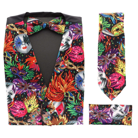 Mardi Gras Design Vest Set (Vest, Bow Tie, Necktie & Pocket Square) by Vittorio Farina (vest_mardi_BB_Mardi 0_S) for Independent Retail Stores by Dubal Brothers