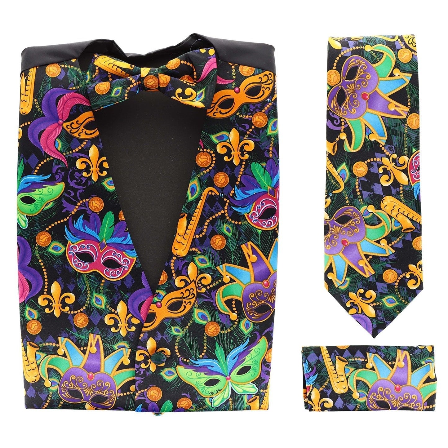 Mardi Gras Design Vest Set (Vest, Bow Tie, Necktie & Pocket Square) by Vittorio Farina (vest_mardi_BB_Mardi 1_S) for Independent Retail Stores by Dubal Brothers