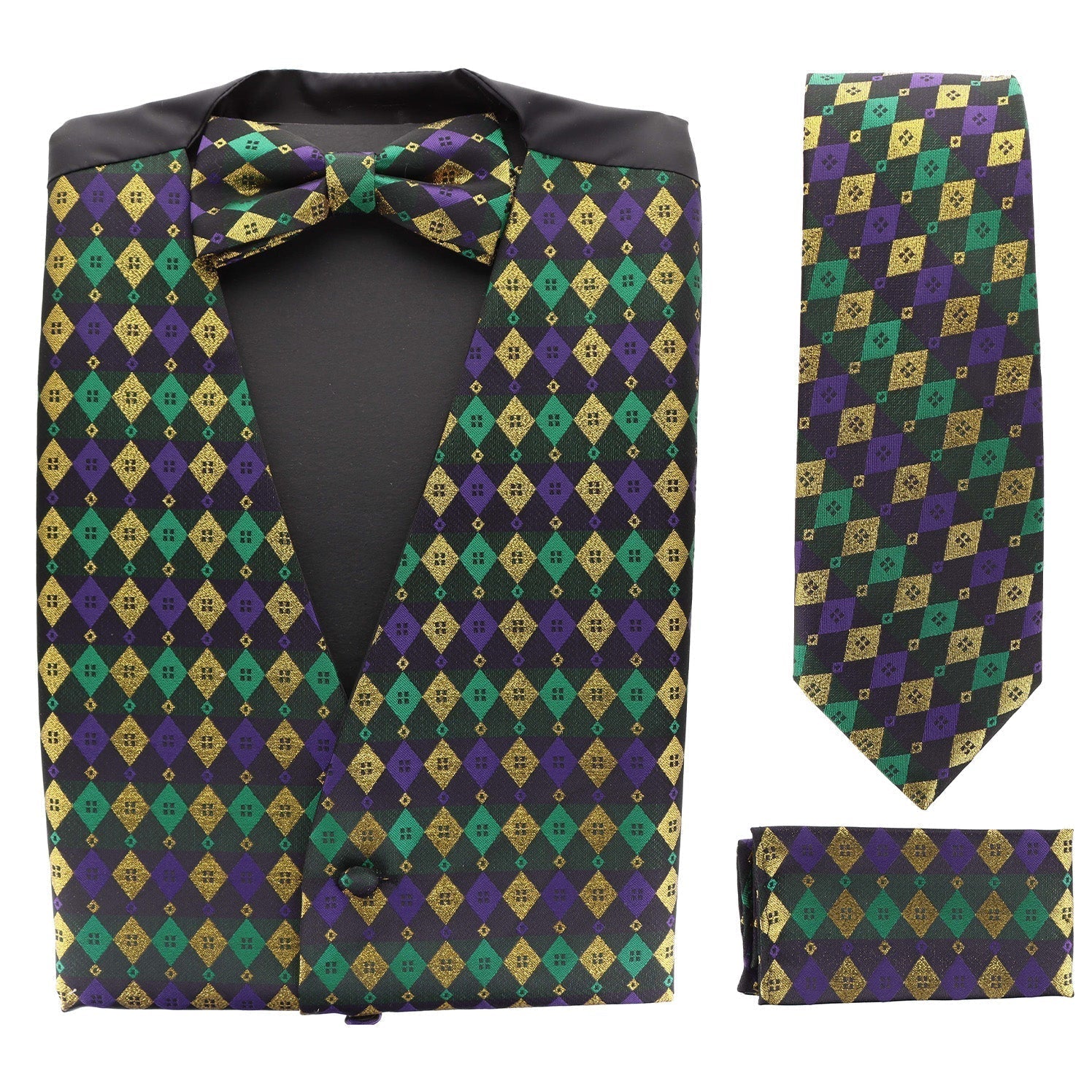 Mardi Gras Design Vest Set (Vest, Bow Tie, Necktie & Pocket Square) by Vittorio Farina (vest_mardi_BB_Mardi 2_S) for Independent Retail Stores by Dubal Brothers