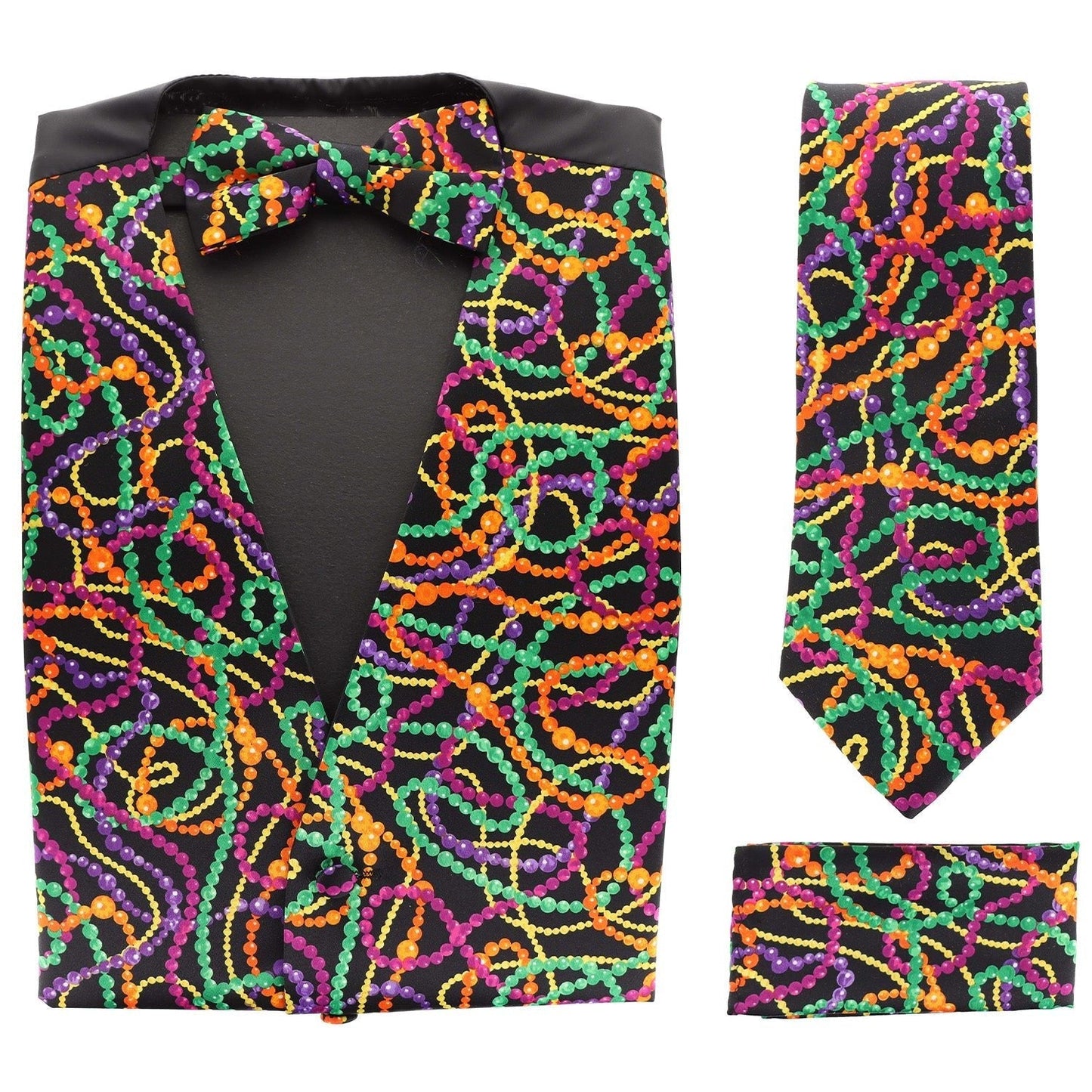 Mardi Gras Design Vest Set (Vest, Bow Tie, Necktie & Pocket Square) by Vittorio Farina (vest_mardi_BB_Mardi 4_S) for Independent Retail Stores by Dubal Brothers