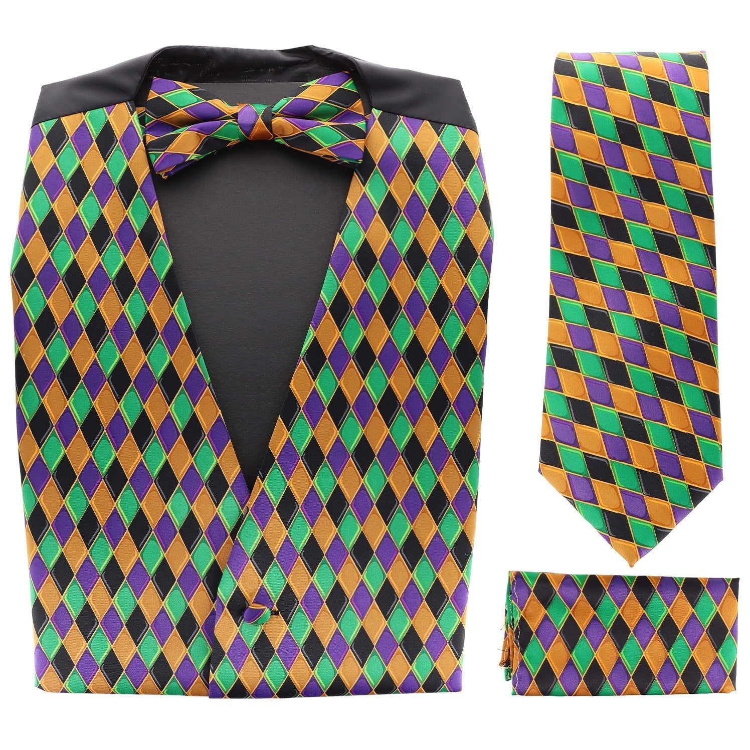 Mardi Gras Design Vest Set (Vest, Bow Tie, Necktie & Pocket Square) by Vittorio Farina (vest_mardi_BB_Mardi 6_S) for Independent Retail Stores by Dubal Brothers