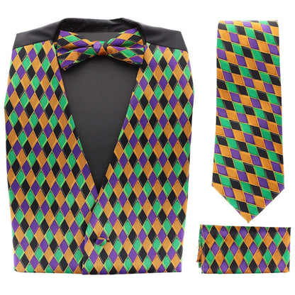 Mardi Gras Design Vest Set (Vest, Bow Tie, Necktie & Pocket Square) by Vittorio Farina (vest_mardi_BB_Mardi 6_S) for Independent Retail Stores by Dubal Brothers