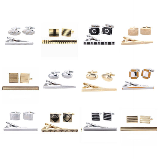 Men's Cufflink and Tie Bar Set 12 Pack – Plain Classic Brass Assorted - 12 Pack Gold & SIlver - Wholesale Cufflink & Tiebar Set by Dubal Brothers