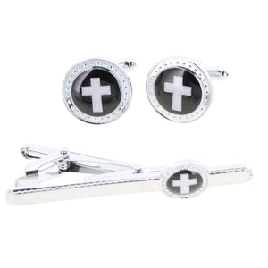 White Cross in Black Background and Silver Finish