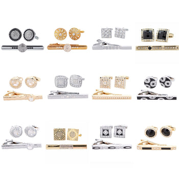 Men's Cufflink and Tie Bar Set 12 Pack – Rhinestone Brass Assorted - 12 Pack Gold & Silver - Wholesale Cufflink & Tiebar Set by Dubal Brothers
