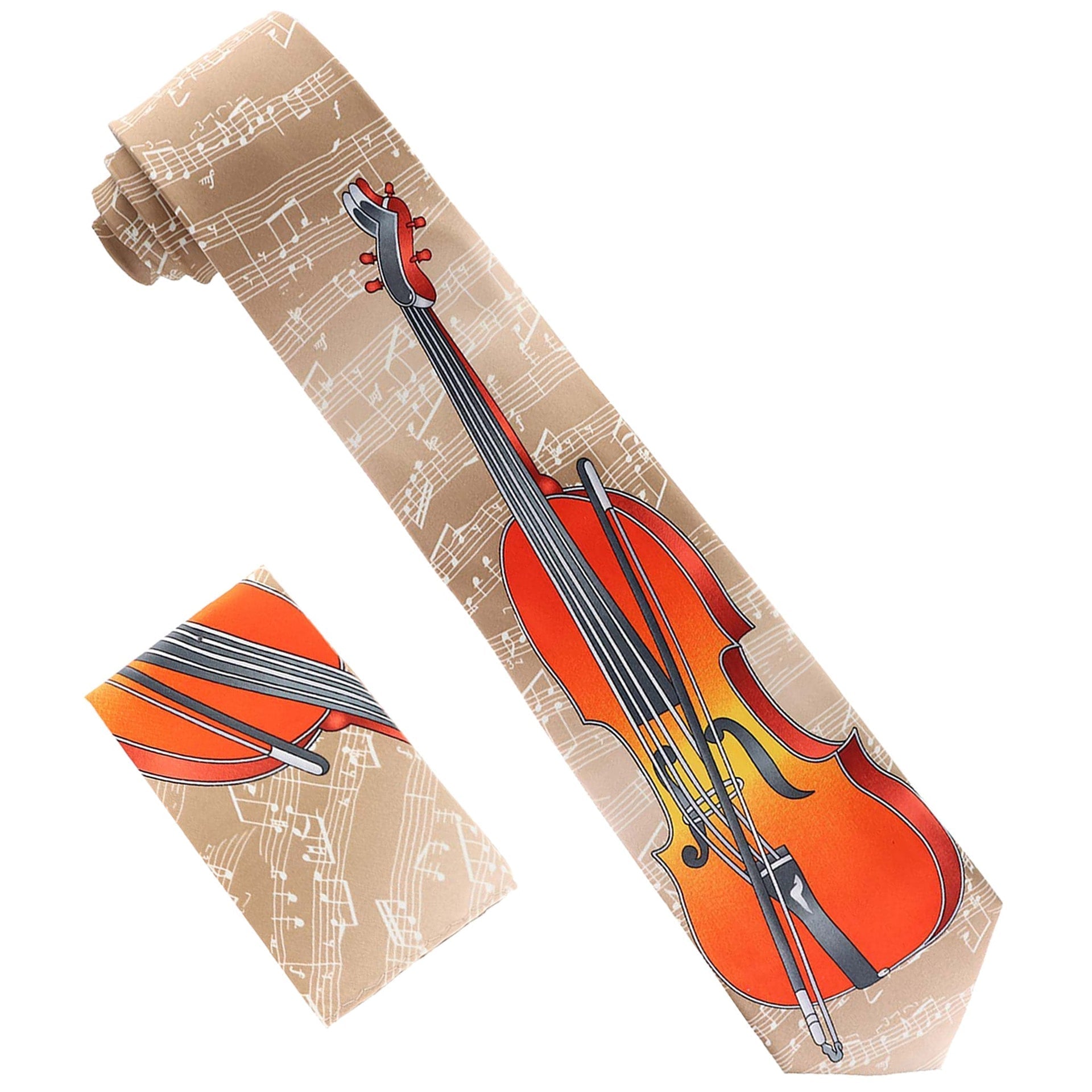 Musical Design Necktie and Pocket Square by Vittorio Farina (NH - MUS_CELLO_TAN) for Independent Retail Stores by Dubal Brothers