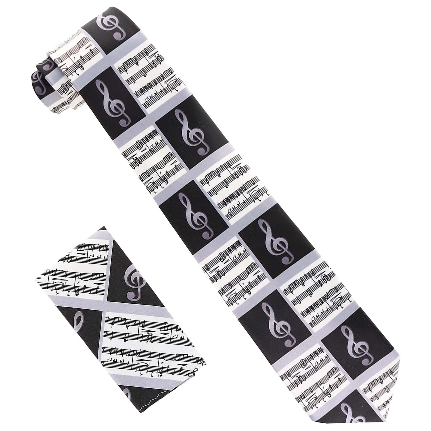 Musical Design Necktie and Pocket Square by Vittorio Farina (NH - MUS_MUSICAL NOTE_BLACK - WHITE) for Independent Retail Stores by Dubal Brothers