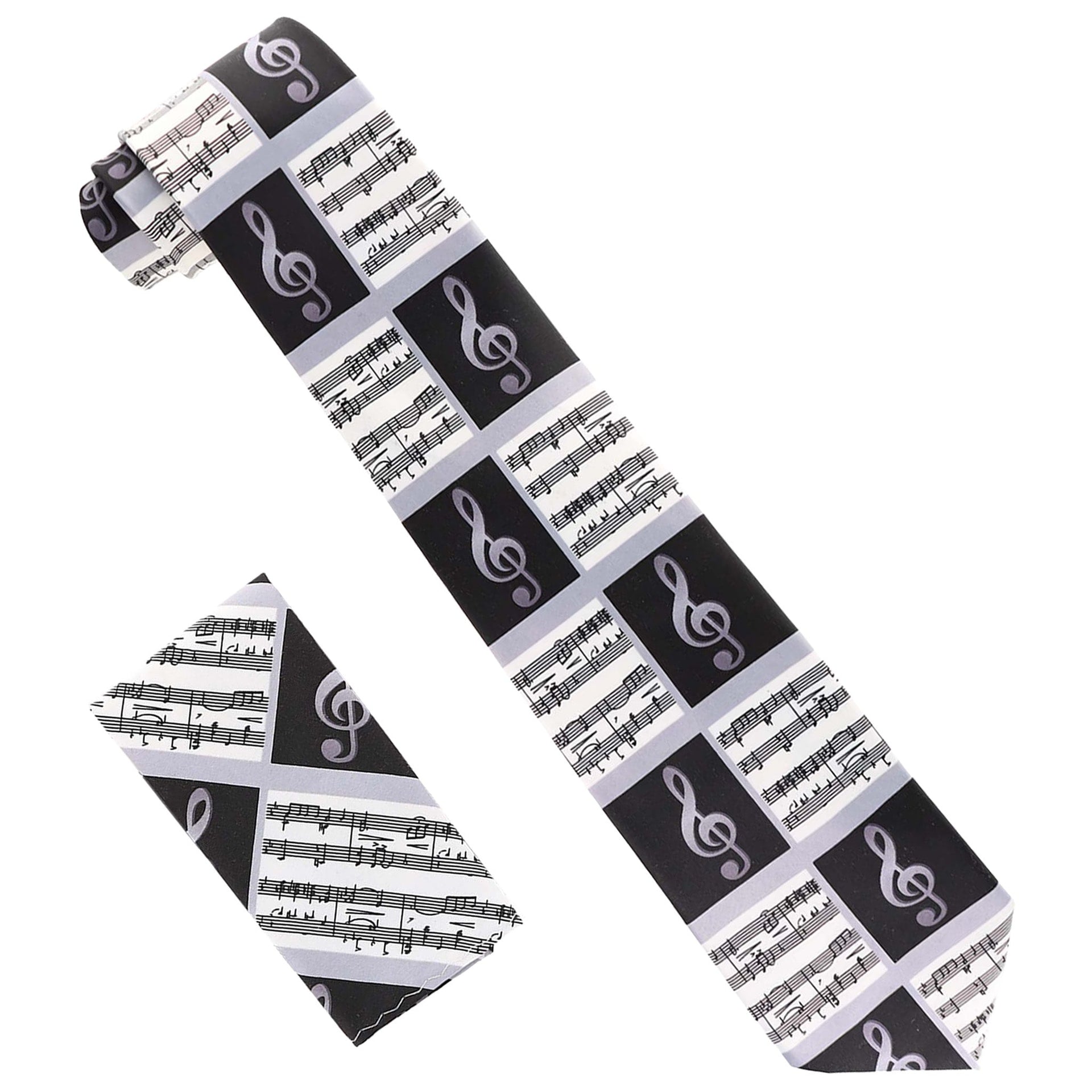 Musical Design Necktie and Pocket Square by Vittorio Farina (NH - MUS_MUSICAL NOTE_BLACK - WHITE) for Independent Retail Stores by Dubal Brothers