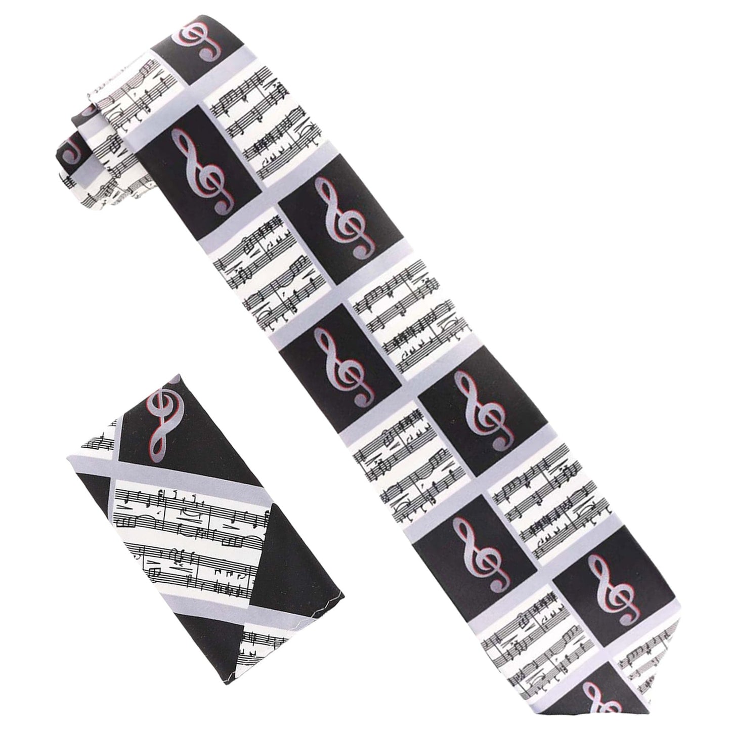 Musical Design Necktie and Pocket Square by Vittorio Farina (NH - MUS_MUSICAL NOTE_WHITE - BLACK - RED) for Independent Retail Stores by Dubal Brothers