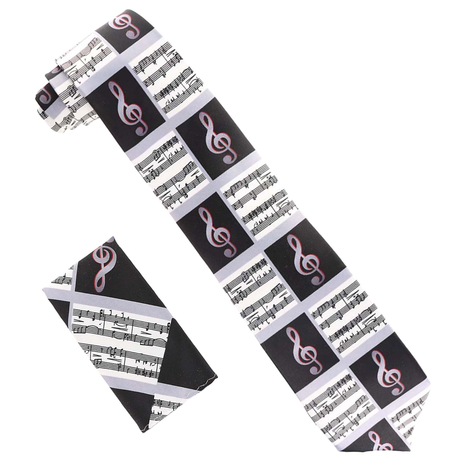 Musical Design Necktie and Pocket Square by Vittorio Farina (NH - MUS_MUSICAL NOTE_WHITE - BLACK - RED) for Independent Retail Stores by Dubal Brothers