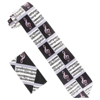Musical Design Necktie and Pocket Square by Vittorio Farina (NH - MUS_MUSICAL NOTE_WHITE - BLACK - RED) for Independent Retail Stores by Dubal Brothers
