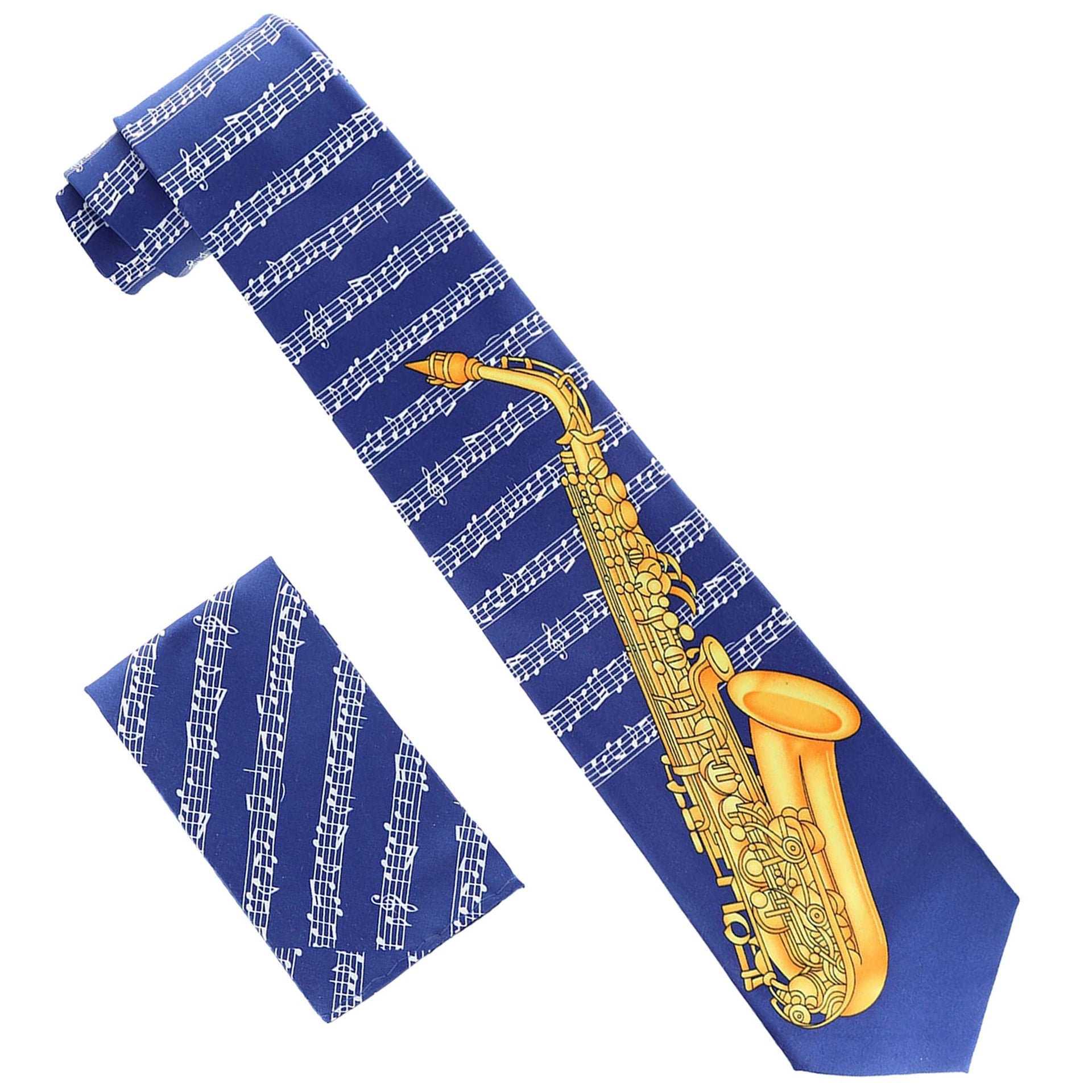 Musical Design Necktie and Pocket Square by Vittorio Farina (NH - MUS_SAXOPHONE_NAVY) for Independent Retail Stores by Dubal Brothers