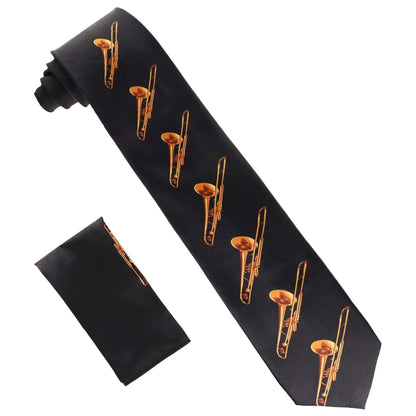 Musical Design Necktie and Pocket Square by Vittorio Farina (NH - MUS_TROMBONE_BLACK - GOLD) for Independent Retail Stores by Dubal Brothers