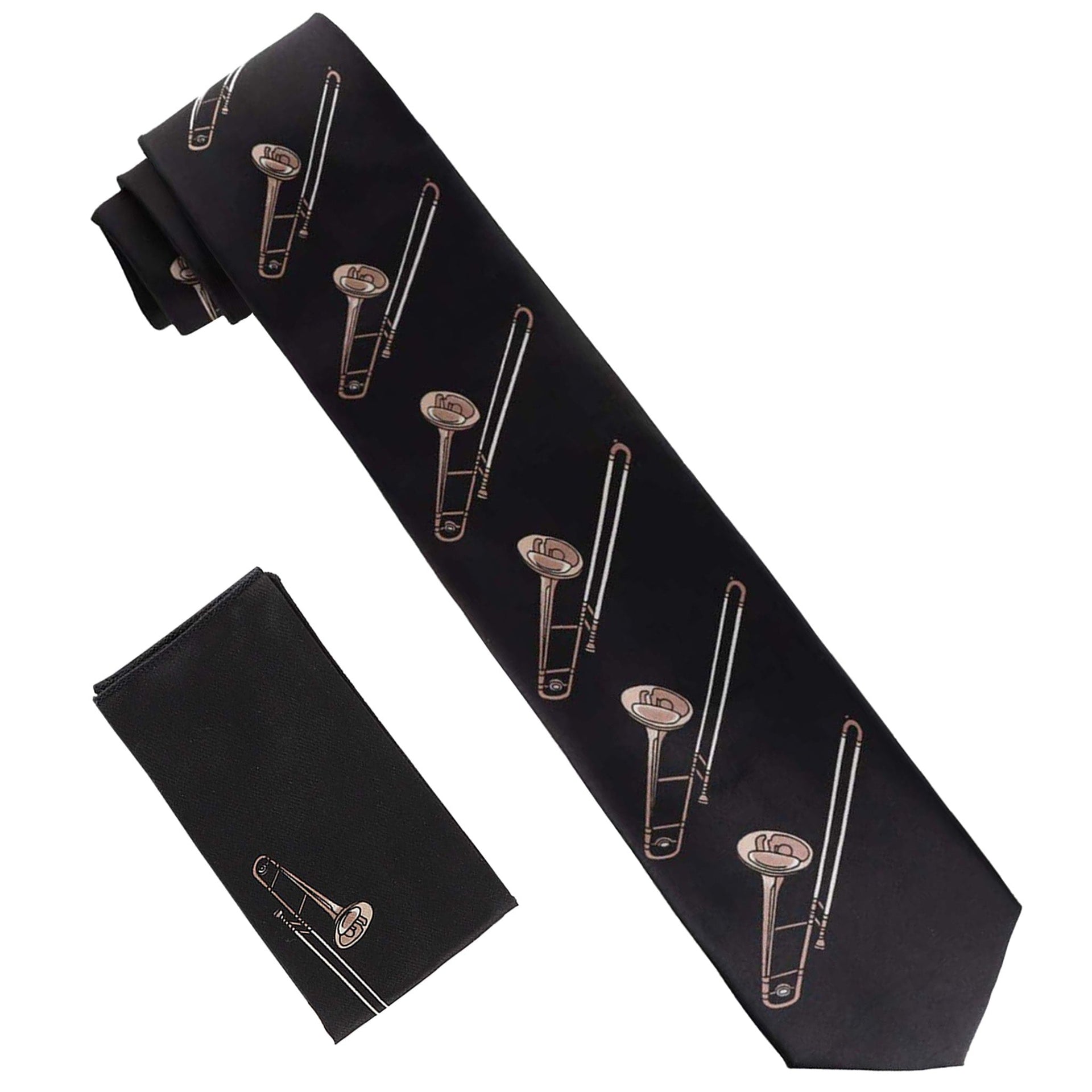 Musical Design Necktie and Pocket Square by Vittorio Farina (NH - MUS_TROMBONE_BLACK - TAUPE) for Independent Retail Stores by Dubal Brothers