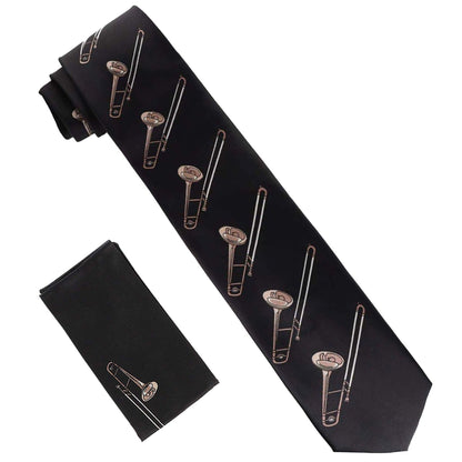 Musical Design Necktie and Pocket Square by Vittorio Farina (NH - MUS_TROMBONE_BLACK - TAUPE) for Independent Retail Stores by Dubal Brothers