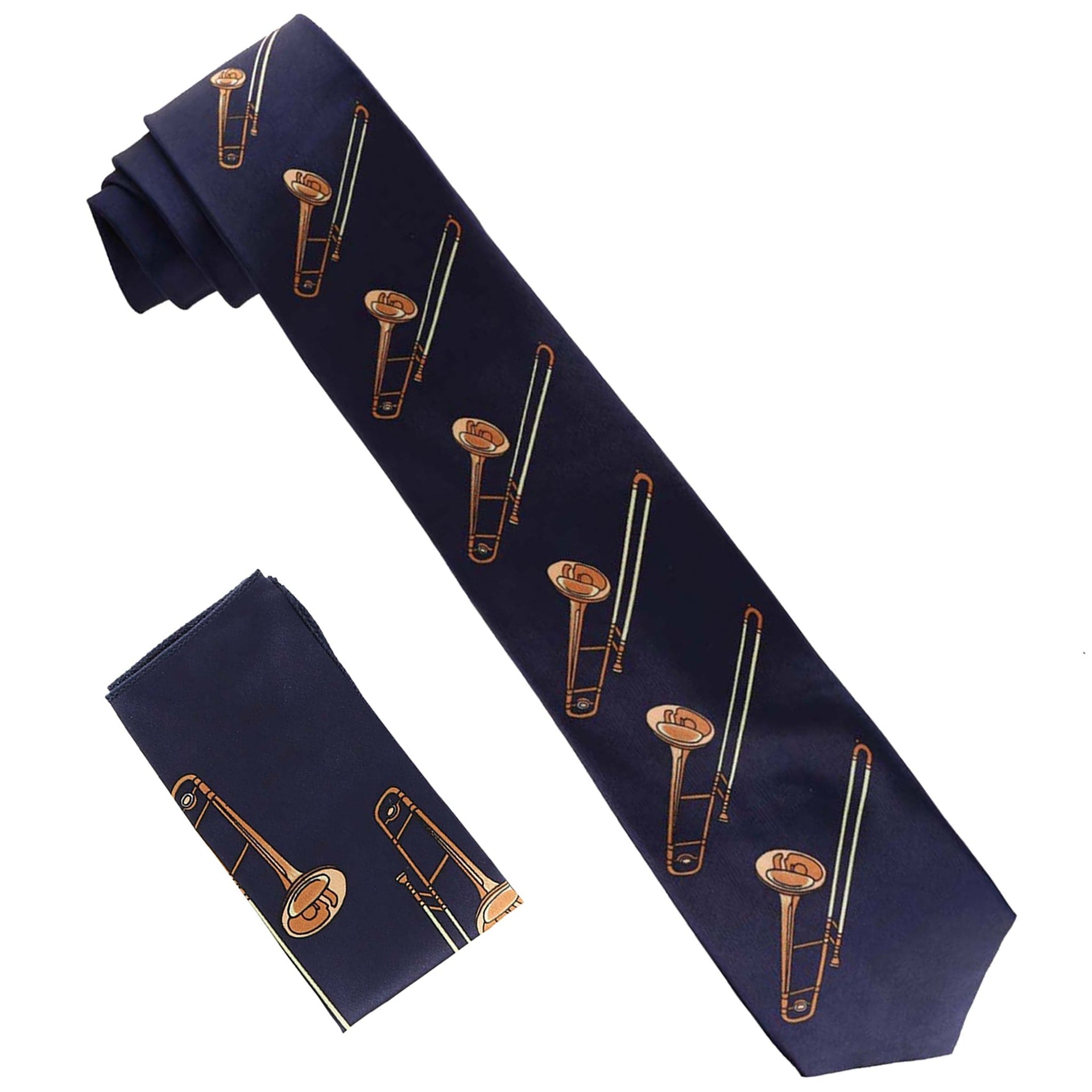 Musical Design Necktie and Pocket Square by Vittorio Farina (NH - MUS_TROMBONE_NAVY) for Independent Retail Stores by Dubal Brothers