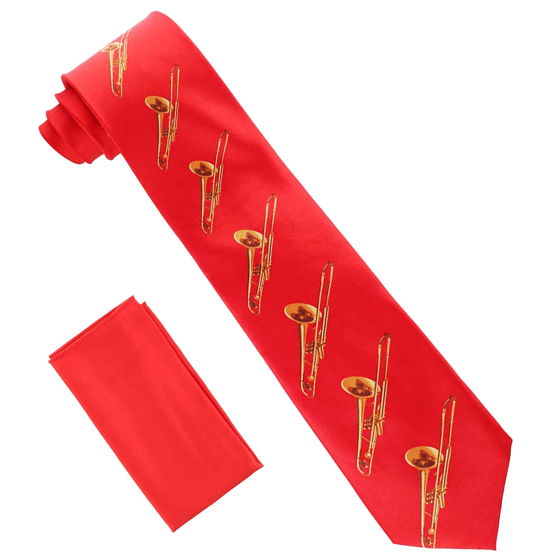 Musical Design Necktie and Pocket Square by Vittorio Farina (NH - MUS_TROMBONE_RED) for Independent Retail Stores by Dubal Brothers