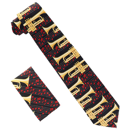 Musical Design Necktie and Pocket Square by Vittorio Farina (NH - MUS_TRUMPET_RED) for Independent Retail Stores by Dubal Brothers