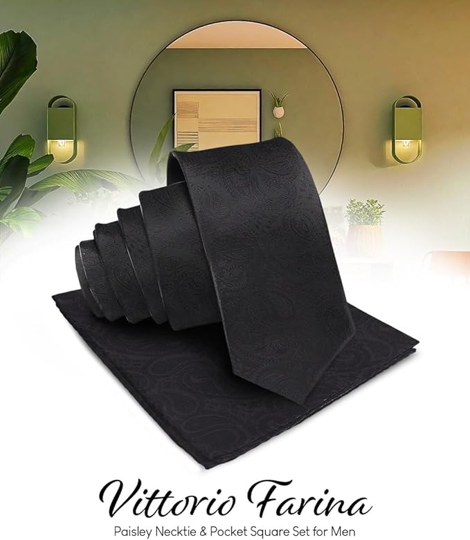 Paisley Necktie & Pocket Square by Vittorio Farina (NH - WP_BLACK) for Independent Retail Stores by Dubal Brothers