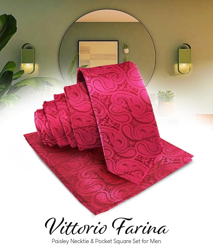 Paisley Necktie & Pocket Square by Vittorio Farina (NH - WP_HOT - PINK) for Independent Retail Stores by Dubal Brothers