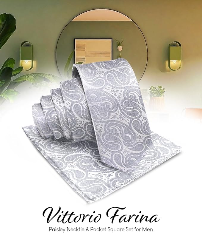 Paisley Necktie & Pocket Square by Vittorio Farina (NH - WP_SILVER) for Independent Retail Stores by Dubal Brothers